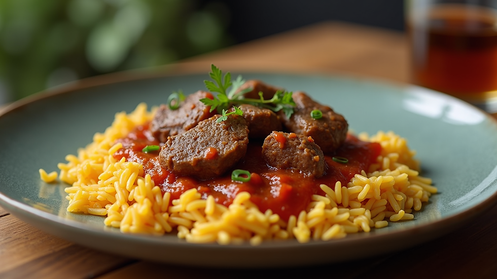 Close-up of a beautifully plated lamb rogan josh with basmati rice