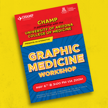 Flyer that reads Graphic Medicine Workshop, with date and time of event and logo of the department running it. 