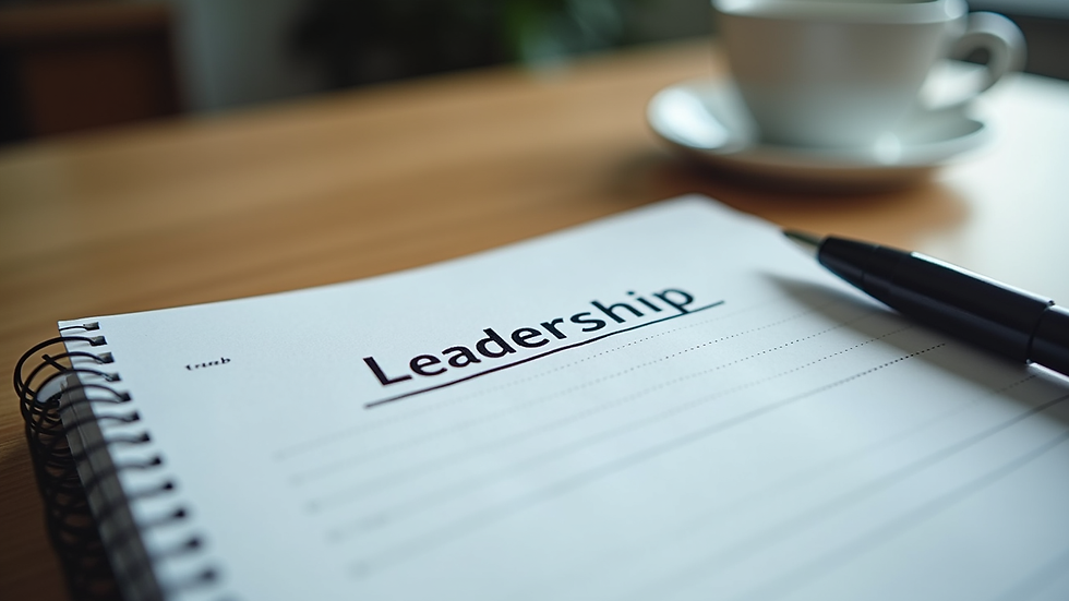 Close-up of a notebook with leadership notes and a pen on a desk