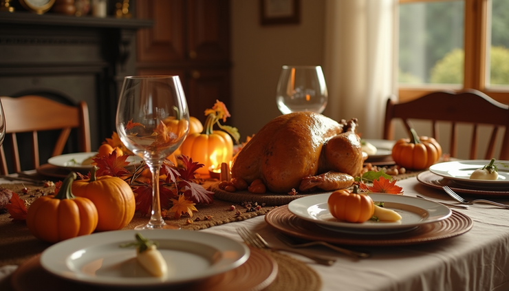 Eye-level view of a rustic wooden table set with a traditional Thanksgiving feast including turkey, pumpkins, and autumn leaves