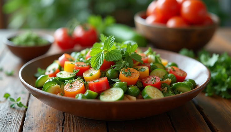Close-up view of a colorful bowl of Ensalada de Nopalitos with fresh vegetables