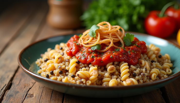 Eye-level view of a bowl of authentic Egyptian koshari with rice, lentils, pasta, tomato sauce, and crispy fried onions