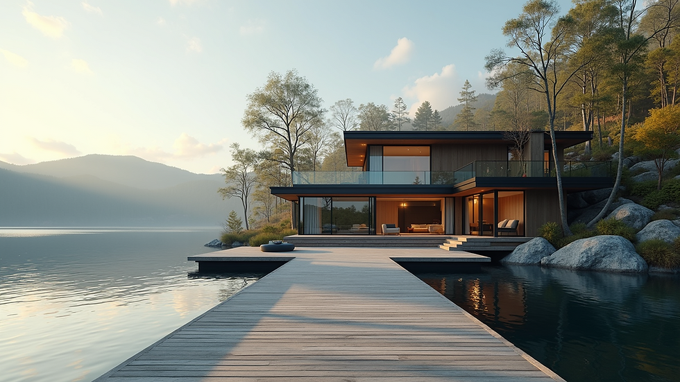 Eye-level view of a modern lakefront home with a private dock