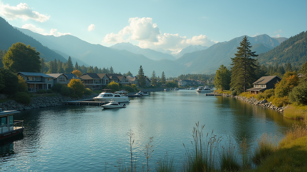 Wide angle view of a lakeside community with homes and boats