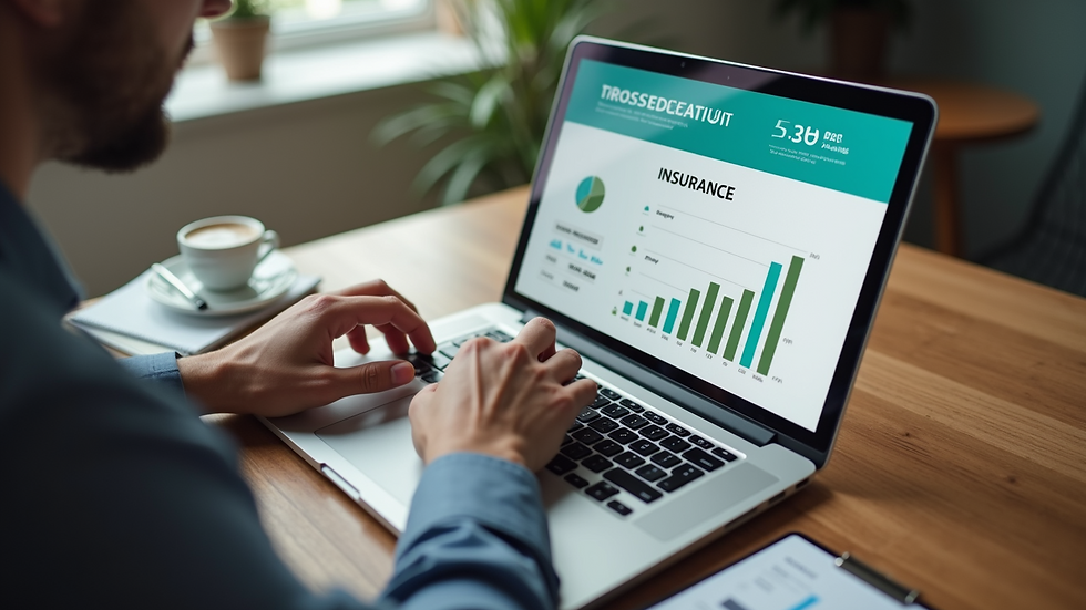 High angle view of a business owner reviewing insurance options on a laptop