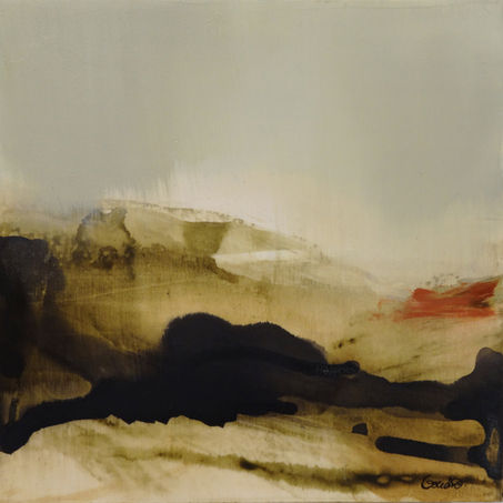 Toile d'art abstrait sépia et vert tendre traversé d'encre de Chine fluide noire