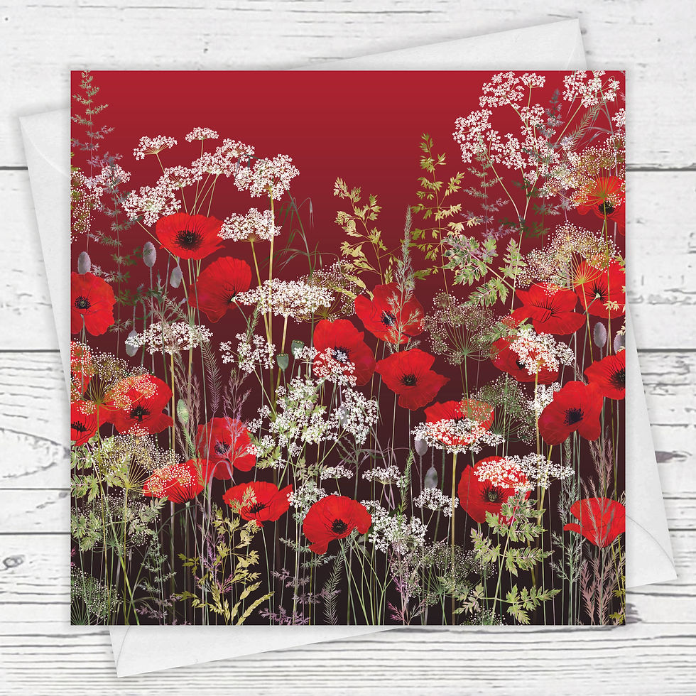 Floral blank greeting card with cow parsley flowers, red poppies and summer grasses.