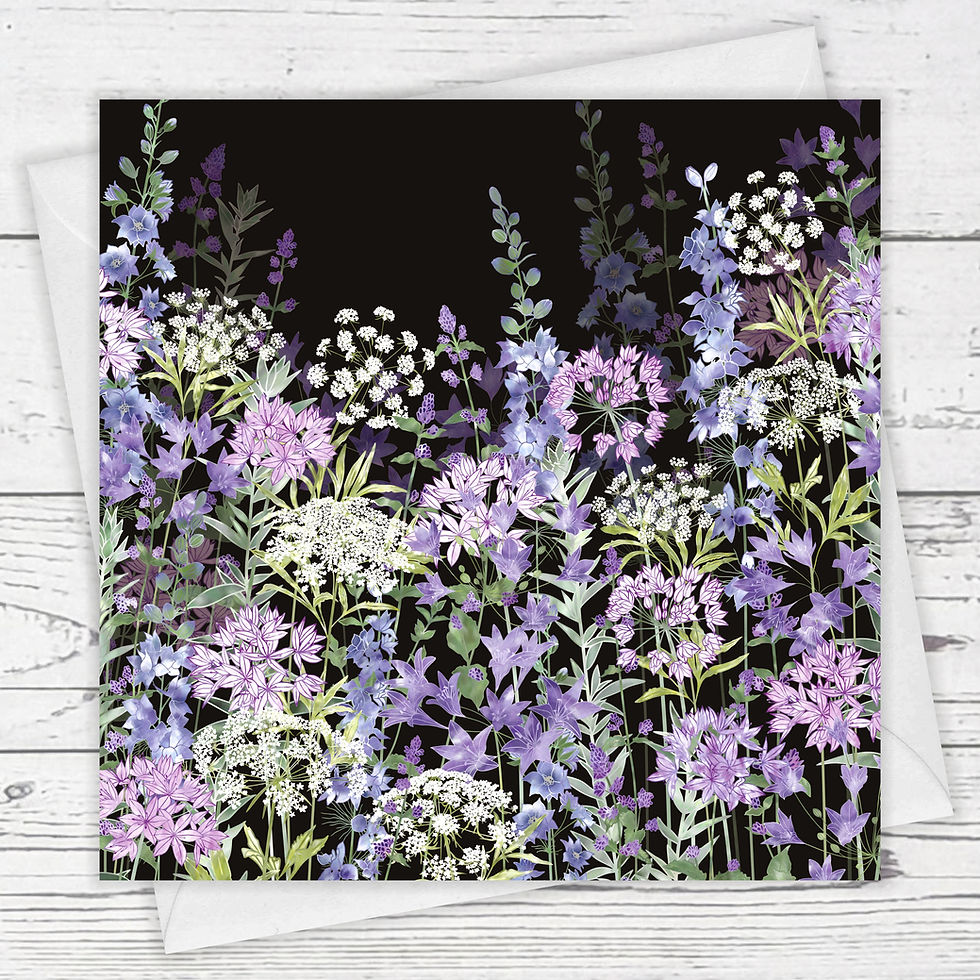 Floral blank greeting card with ammi umbellifer flowers, allium eros, cluster lilies, larkspur and catmint.
