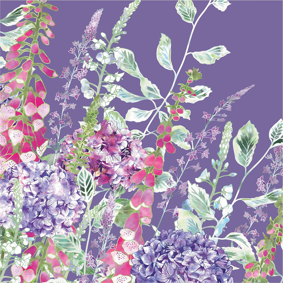 Floral blank greeting card with pink foxgloves, hydrangea blooms, purple toadflax flowers and veronica gentianoides.