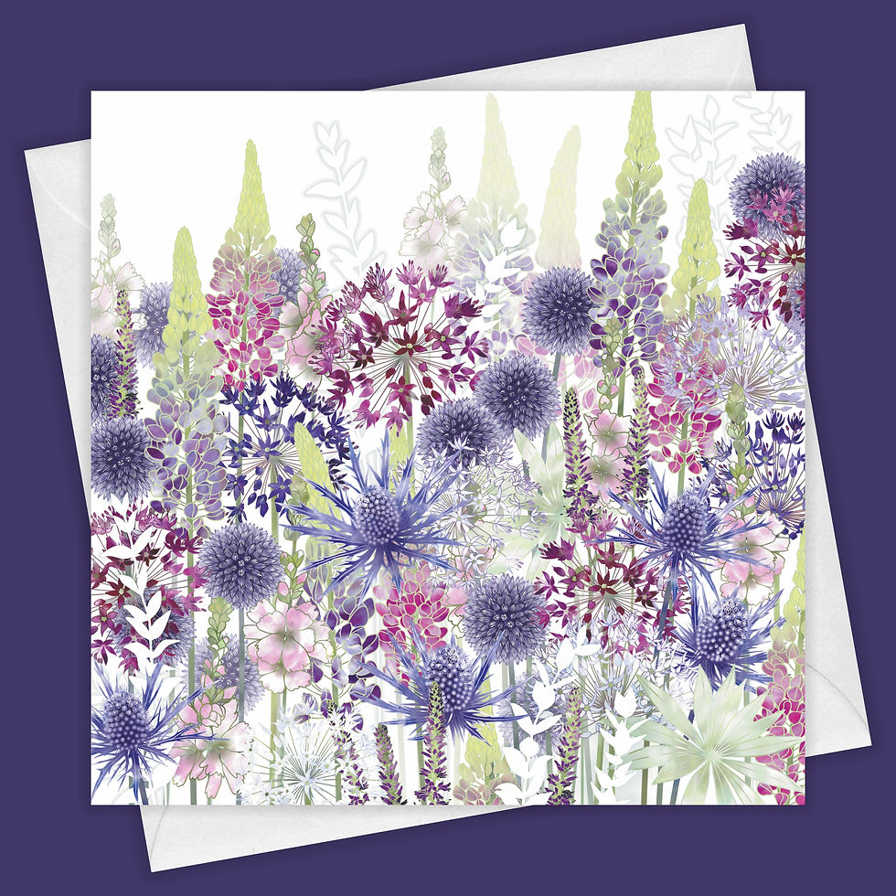 Floral blank greeting card with echinops, sea holly flowers, sidalcea, lupins and alliums.