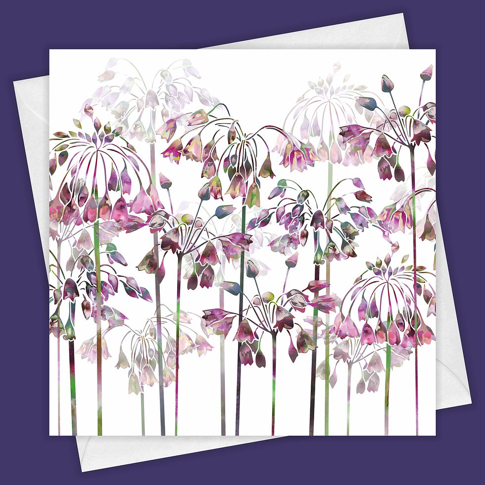 Floral blank greeting card with pink allium summer bell flowers.