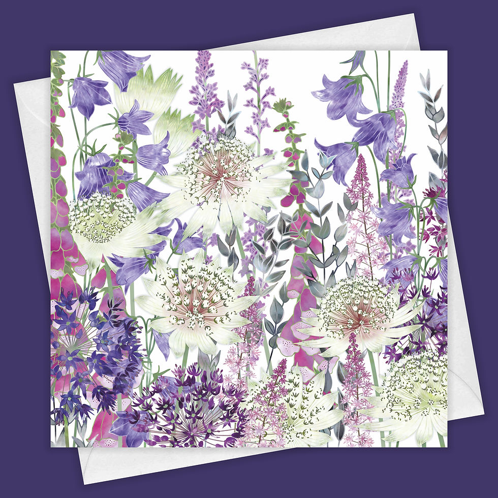 Floral blank greeting card with starburst astrantia, pink foxgloves, allium flowers, tiarella, purple toadflax and campanula.