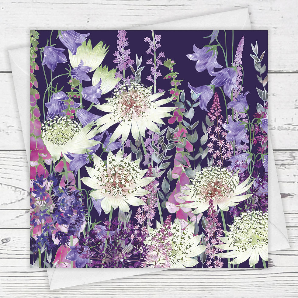 Floral blank greeting card with starburst astrantia, pink foxgloves, allium flowers, tiarella, purple toadflax and campanula.