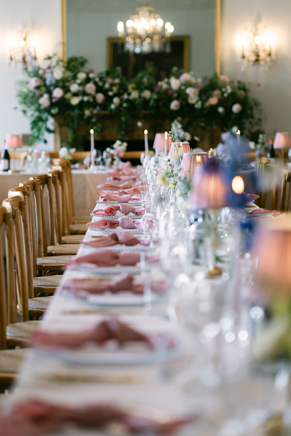 Wedding reception table setup at North Cadbury Court in Somerset, natural documentary wedding photography