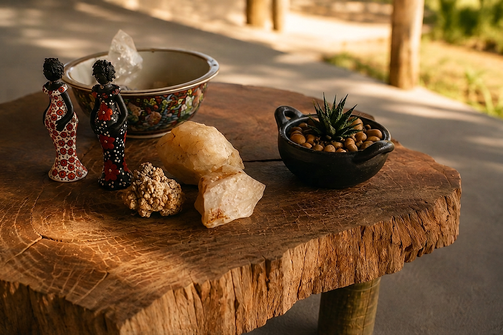 Detalhe de mesa de madeira rústica e robusta, com objetos decorativos e pedras naturais que destacam as texturas e marcas da madeira.