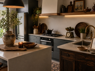 Cozinha contemporânea com móveis modernos, madeira, cerâmicas e objetos antigos, representando o diálogo entre o novo e o vivido na decoração.