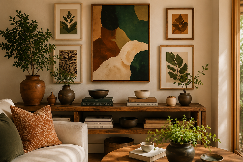Quadro e objetos decorativos compondo um ambiente de inspiração artística.