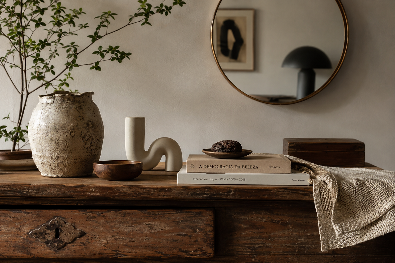 Móvel antigo de madeira com cerâmicas, livros e objetos decorativos diante de espelho que reflete elementos contemporâneos do ambiente.