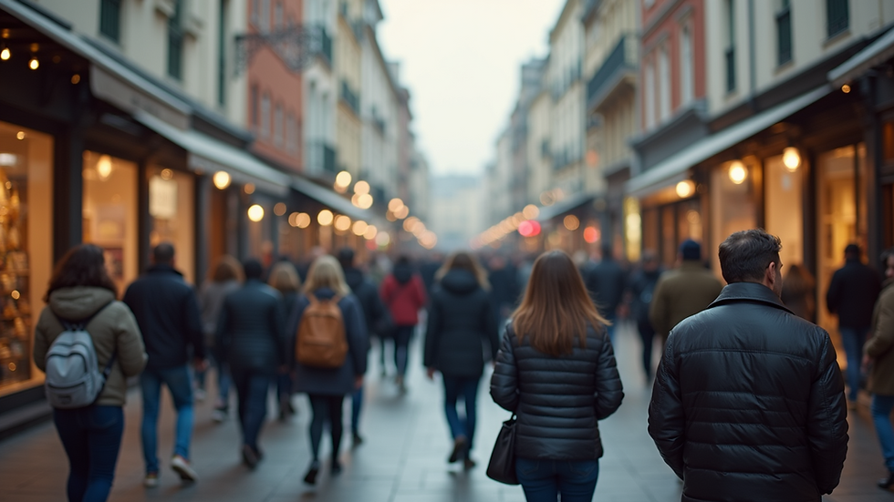 Eye-level view of a busy shopping street with diverse foot traffic