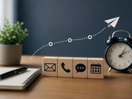 Business follow-up concept featuring communication icons, a notebook, and a clock on a modern desk representing consistent and professional sales follow-up.