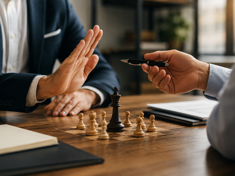 Business negotiation scene with two professionals discussing terms across a conference table with chess pieces symbolizing strategy and decision-making.