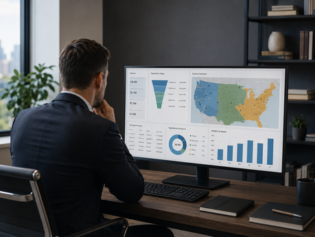 Sales leader reviewing a territory map, sales pipeline dashboard, and account performance data on a computer screen in a modern office.