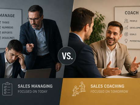 Comparison of sales management and sales coaching styles showing one leader focused on oversight and another focused on employee development and growth.