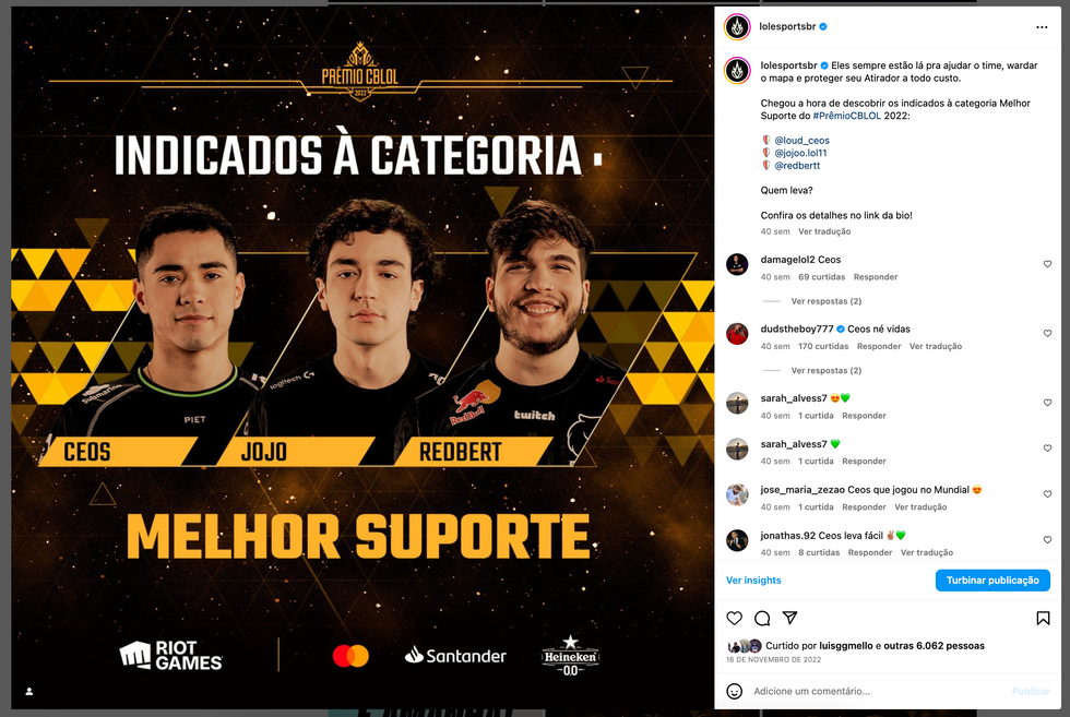Post no Instagram oficial do CBLOL - Prêmio CBLOL 2022