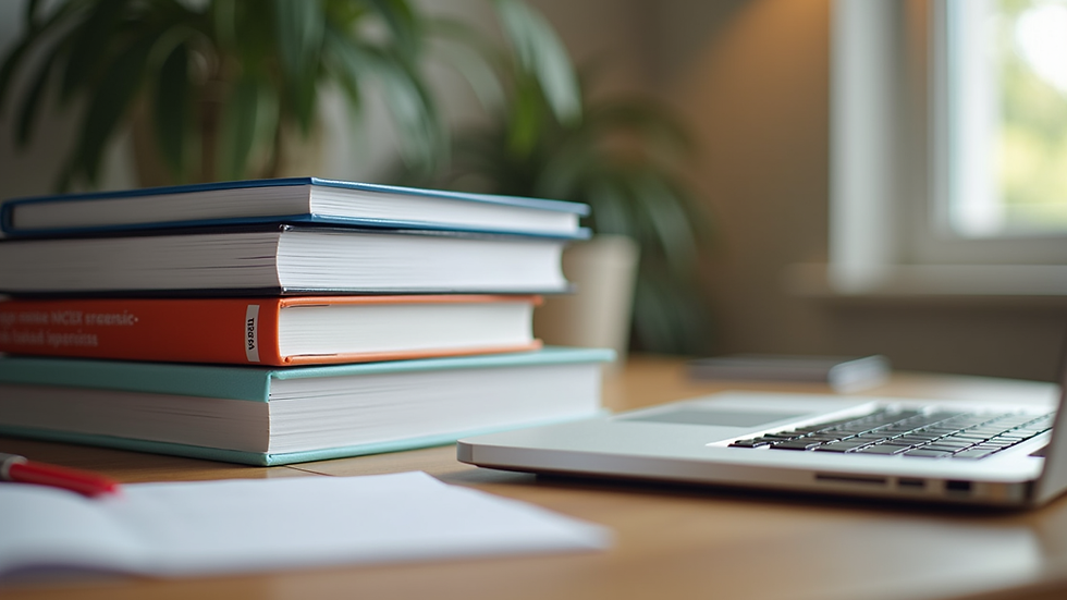 Eye-level view of a stack of NCLEX study books on a wooden desk