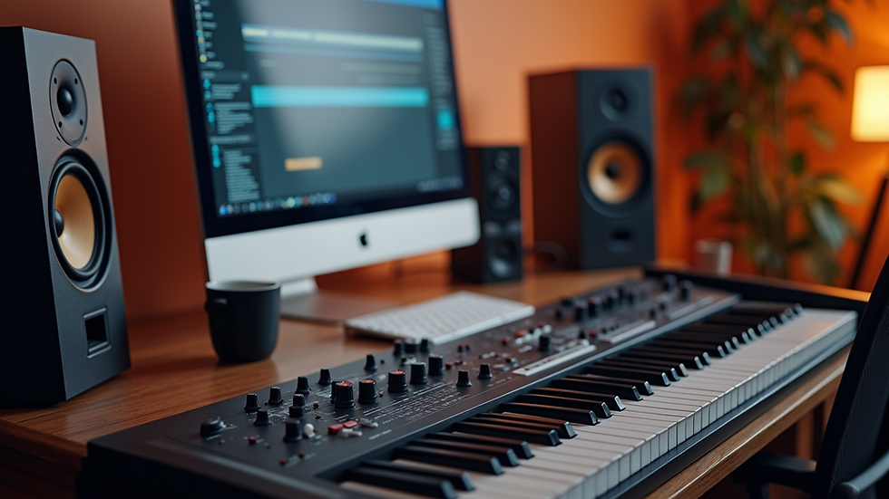 High angle view of a home studio setup with speakers and a computer