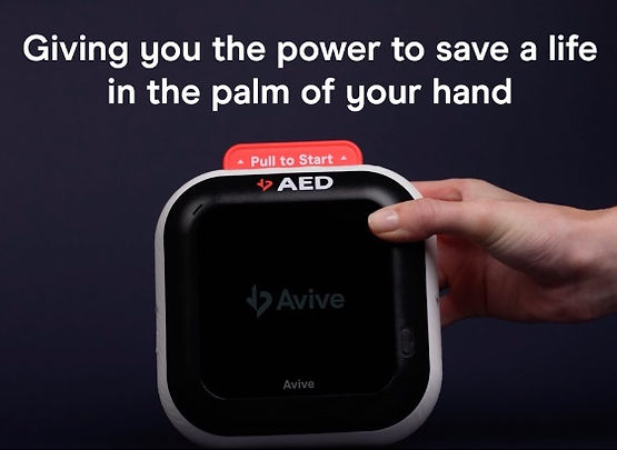 Avive AED being held in a person's hand to demonstrate how compact the unit is.
