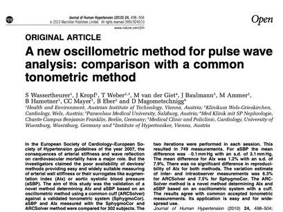 18. A new oscillometric method for pulse wave analysis: comparison with a common tonometric method.