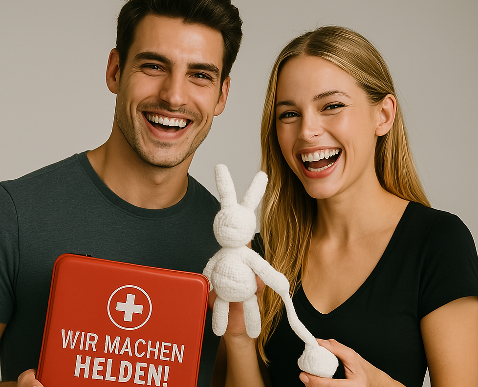 Mann mit Erste-Hilfe-Koffer und Frau die Stoffhasen hält lachen