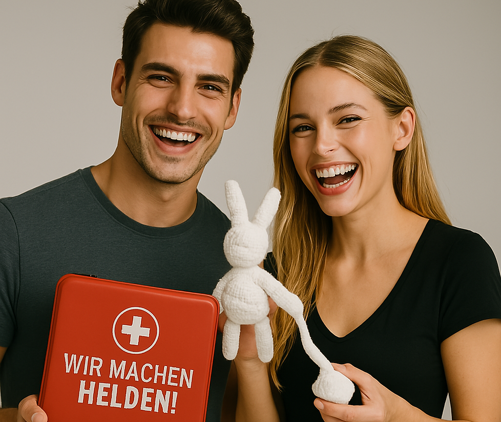 Mann mit Erste-Hilfe-Koffer und Frau die Stoffhasen hält lachen