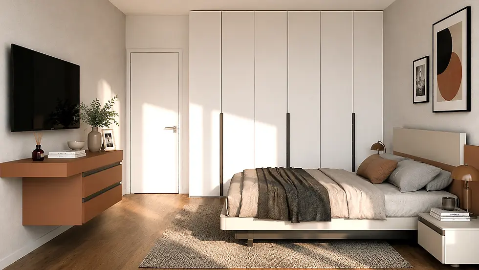 Render della terza proposta per camera da letto con grande armadiatura lineare