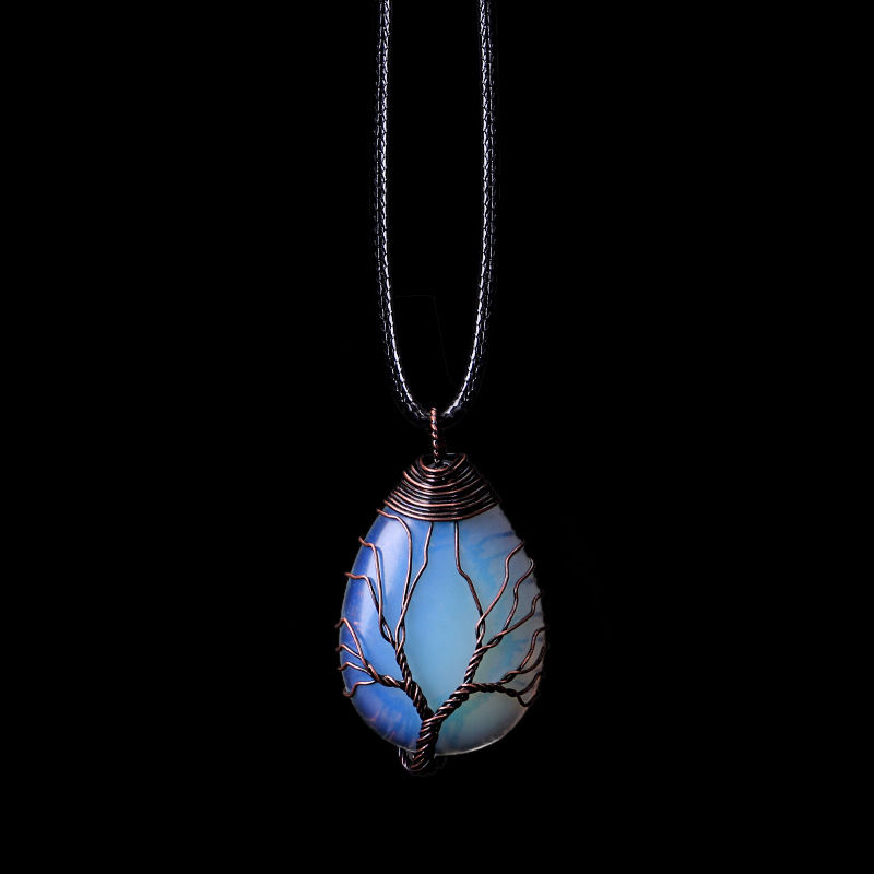 Thumbnail: Natural Stone Crystal Drop-shaped Winding Tree Of Life Pendant