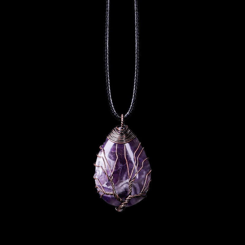 Thumbnail: Natural Stone Crystal Drop-shaped Winding Tree Of Life Pendant