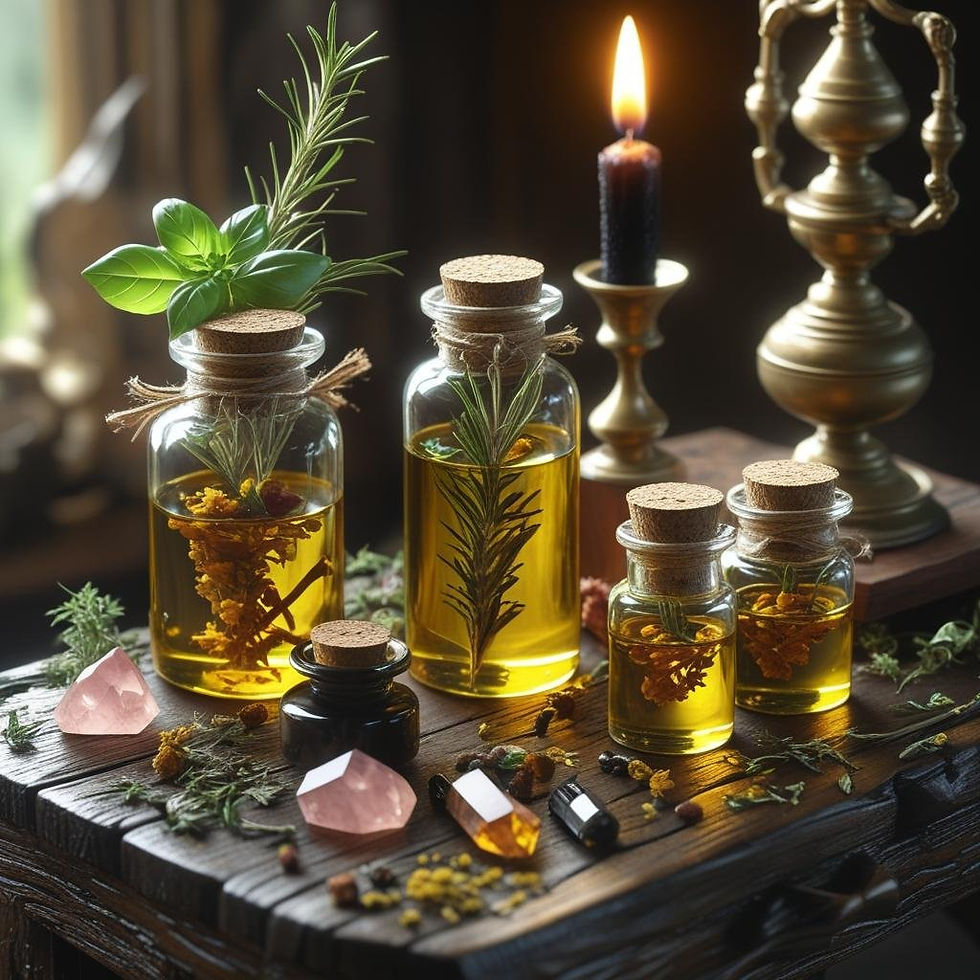 An intimate apothecary setting featuring multiple jars of By Hand & Flame’s infused spell oils, each brimming with fresh herbs and botanicals, surrounded by tumbled crystals and dried plant allies under the warm glow of candlelight.