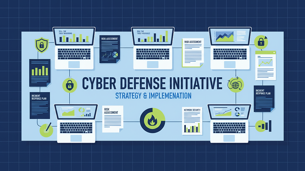 High angle view of a business meeting with laptops and cybersecurity strategy documents