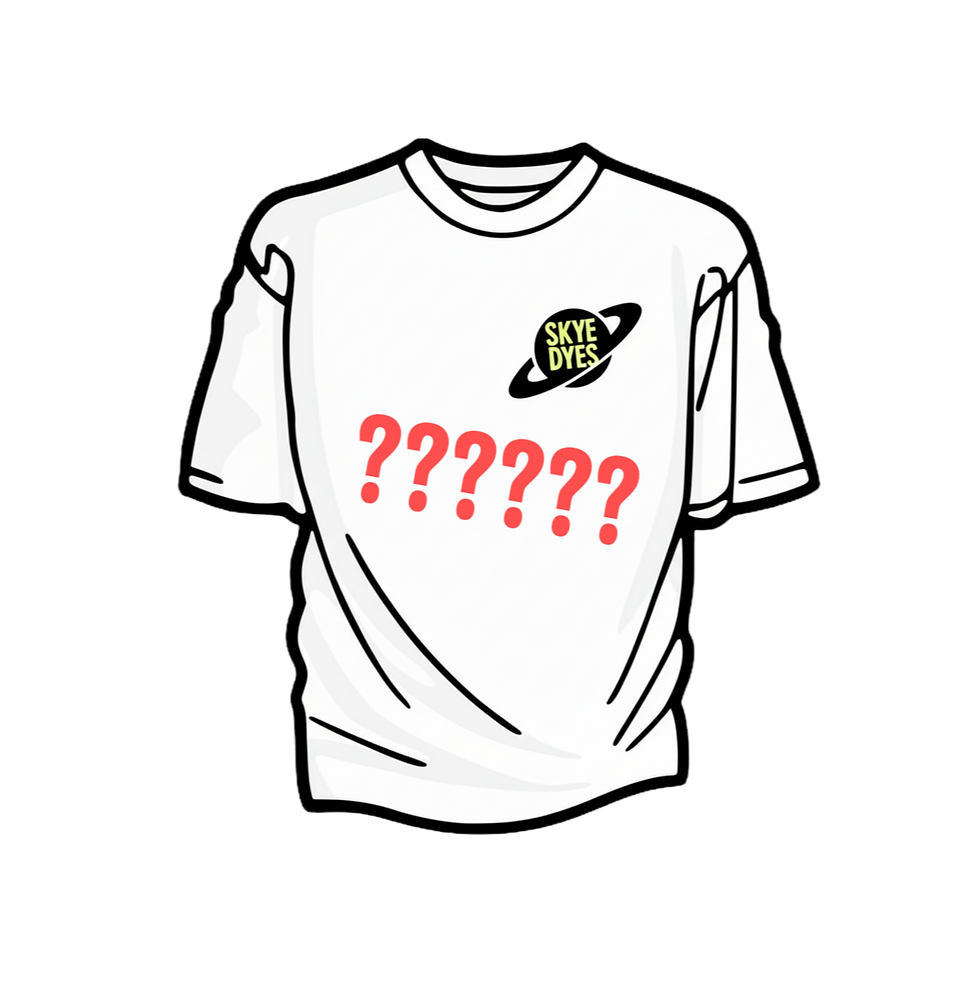 White t-shirt with planet logo and red question marks