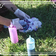 Hands tie-dyeing fabric with pink dye