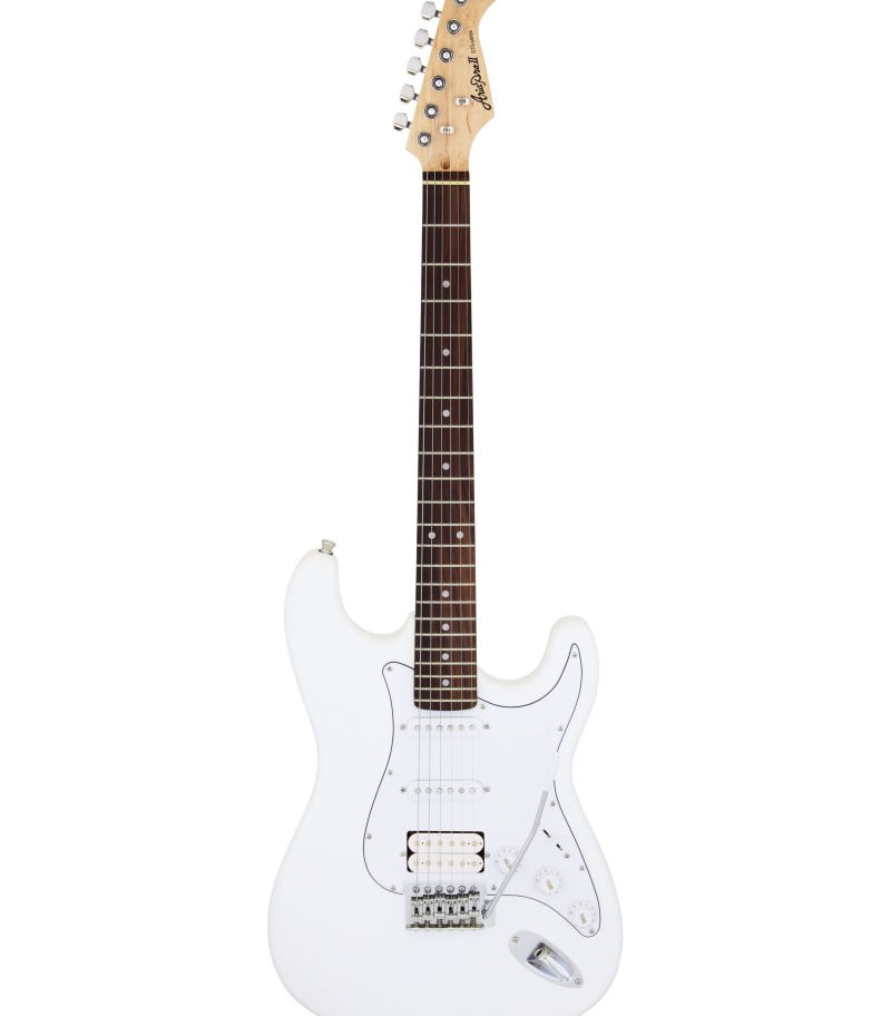 Shiny white electric guitar, SEL SERIES DLX HONEY, isolated on white background.