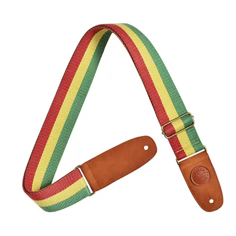 Colorful guitar strap with green, yellow, and red stripes, leather ends.