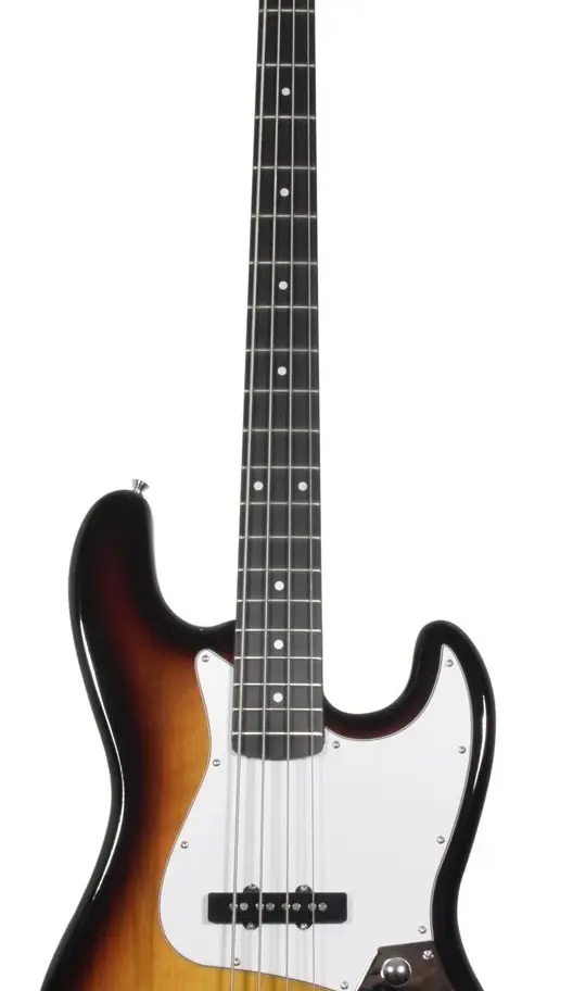 Sunburst electric bass guitar against a white background; Spider Music Ltd