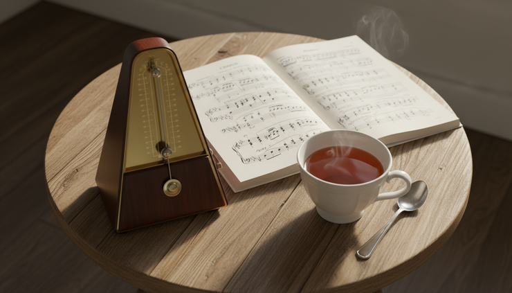 Overhead view of a metronome beside open sheet music and a cup of tea