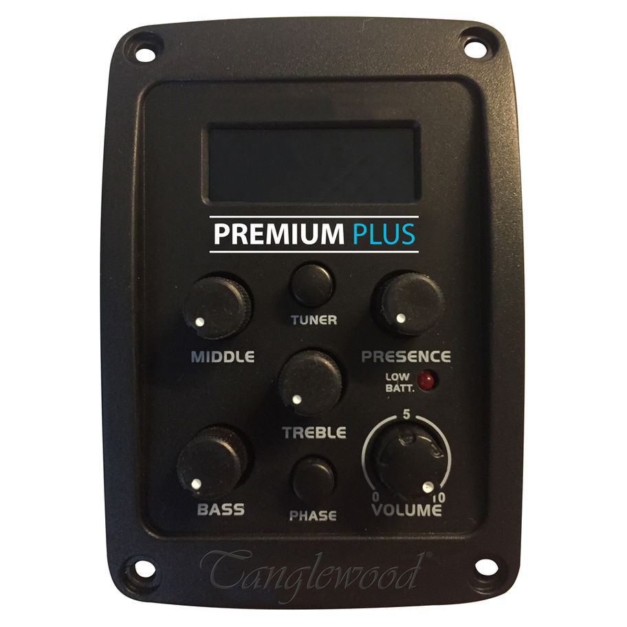 Tanglewood Premium Plus guitar preamp with tuner, bass, middle, treble controls.