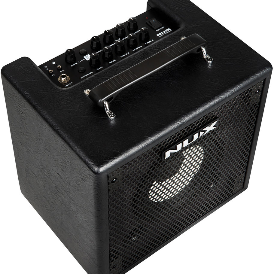 Black NUX amplifier with handle and visible controls. Spider Music Ltd.