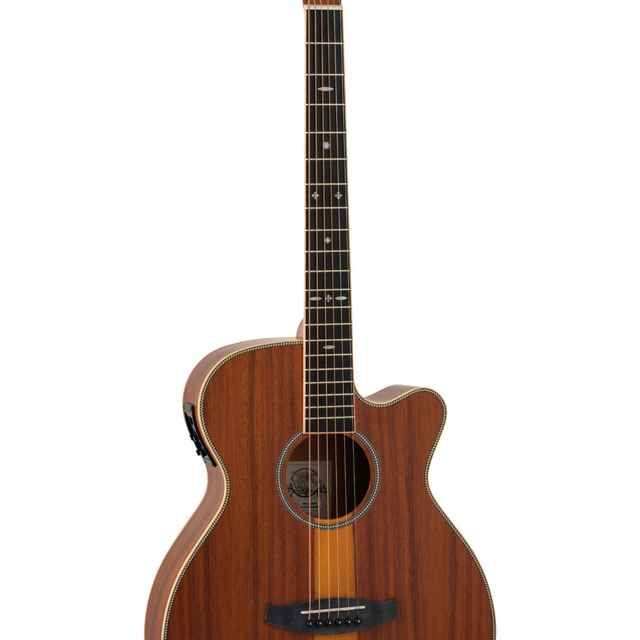 Acoustic guitar with wooden finish. Front view of the instrument for sale.