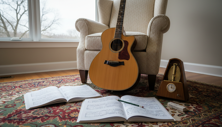 Wide-angle view of an acoustic guitar resting beside open graded music books