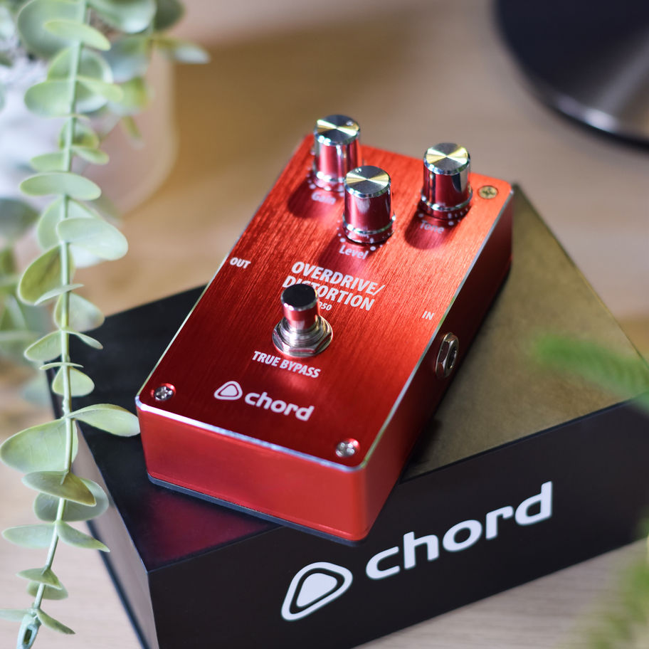Red Chord OVERDRIVE/DISTORTION pedal with true bypass label on black box Spider Music Ltd